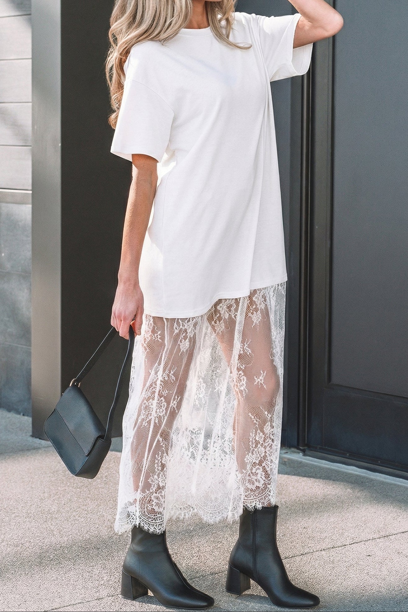 White Floral Patchwork Short Sleeve T Shirt Loose Maxi Dress