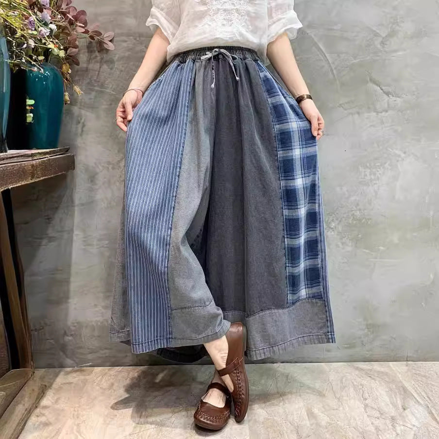 Patchwork Wide-Leg Denim Pants | Elastic Waist Drawstring Vintage Trousers