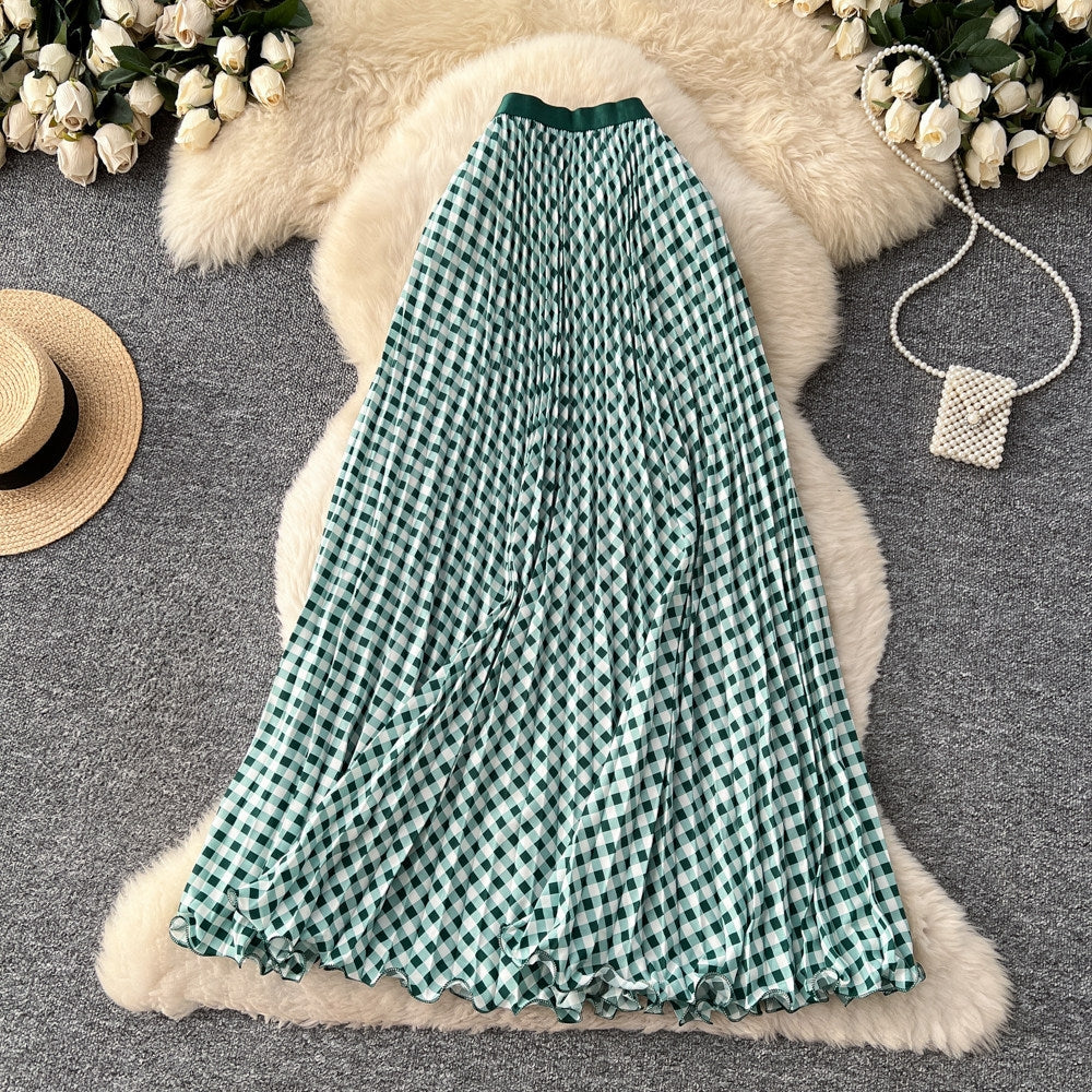 Plaid Floral Wavy Pleated Maxi Skirt | High-Waist Cotton-Blend Skirt