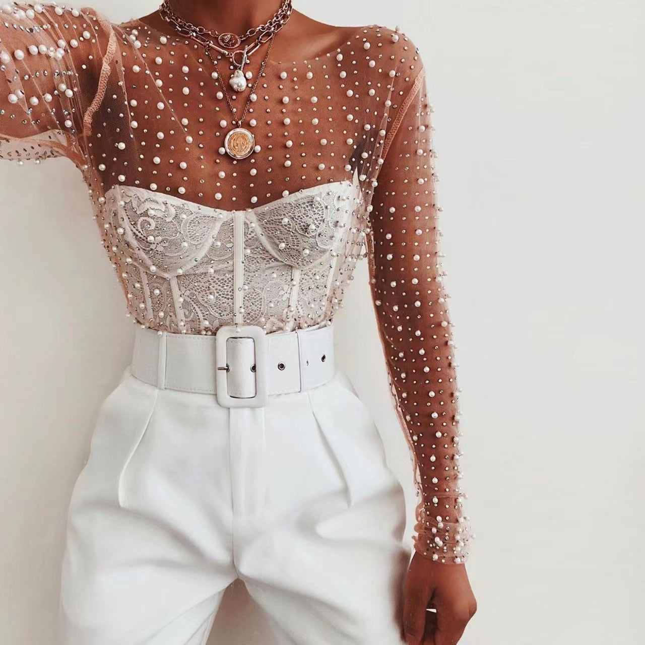 Rhinestone & Pearl Mesh Top | Elegant Embellished Round Neck Blouse