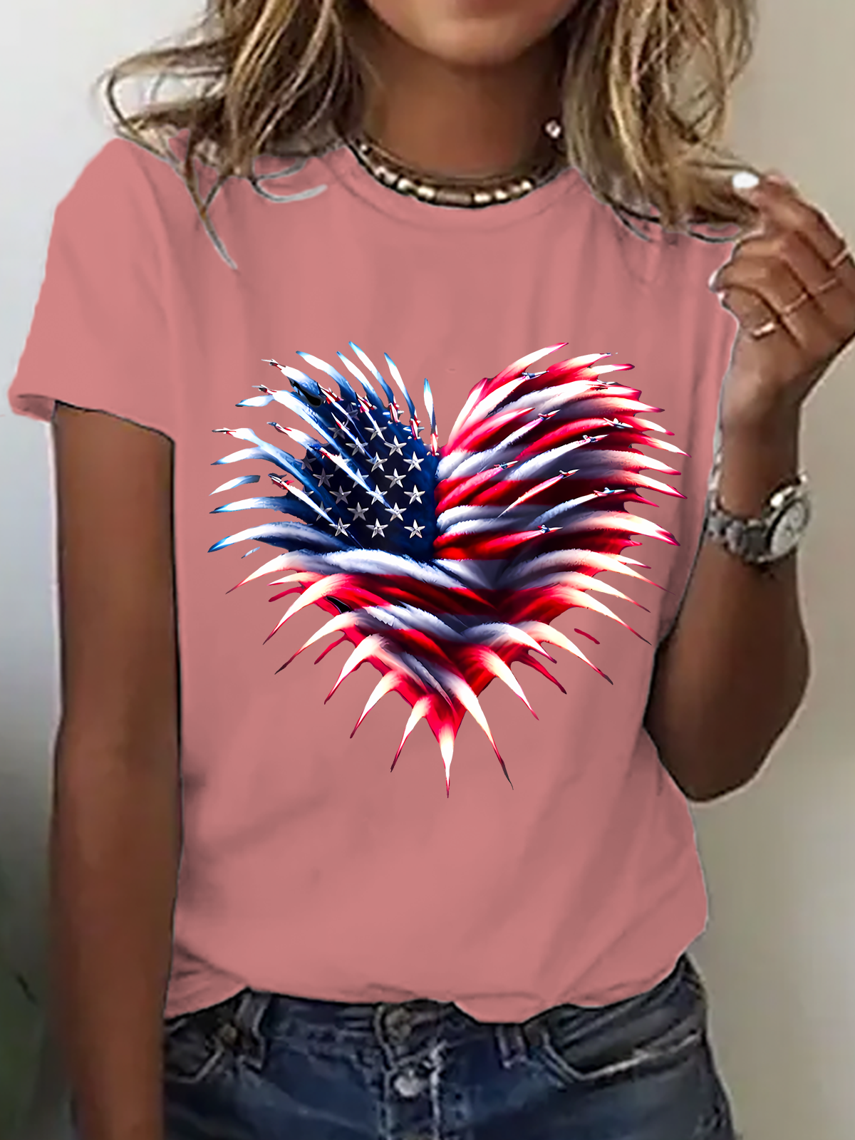 Independence Day Flag Heart Fireworks Cotton T-Shirt