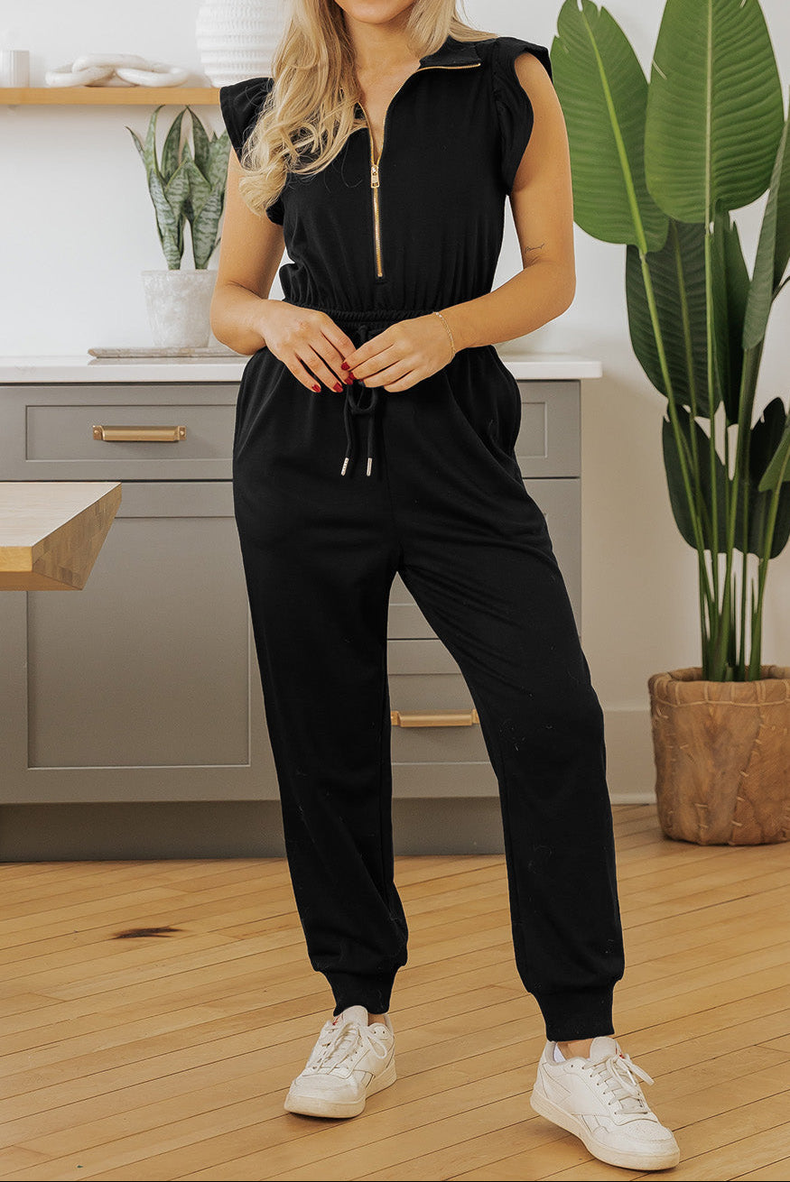 Black Zipper Flutter Sleeve Drawstring Elastic Waistband Jumpsuit