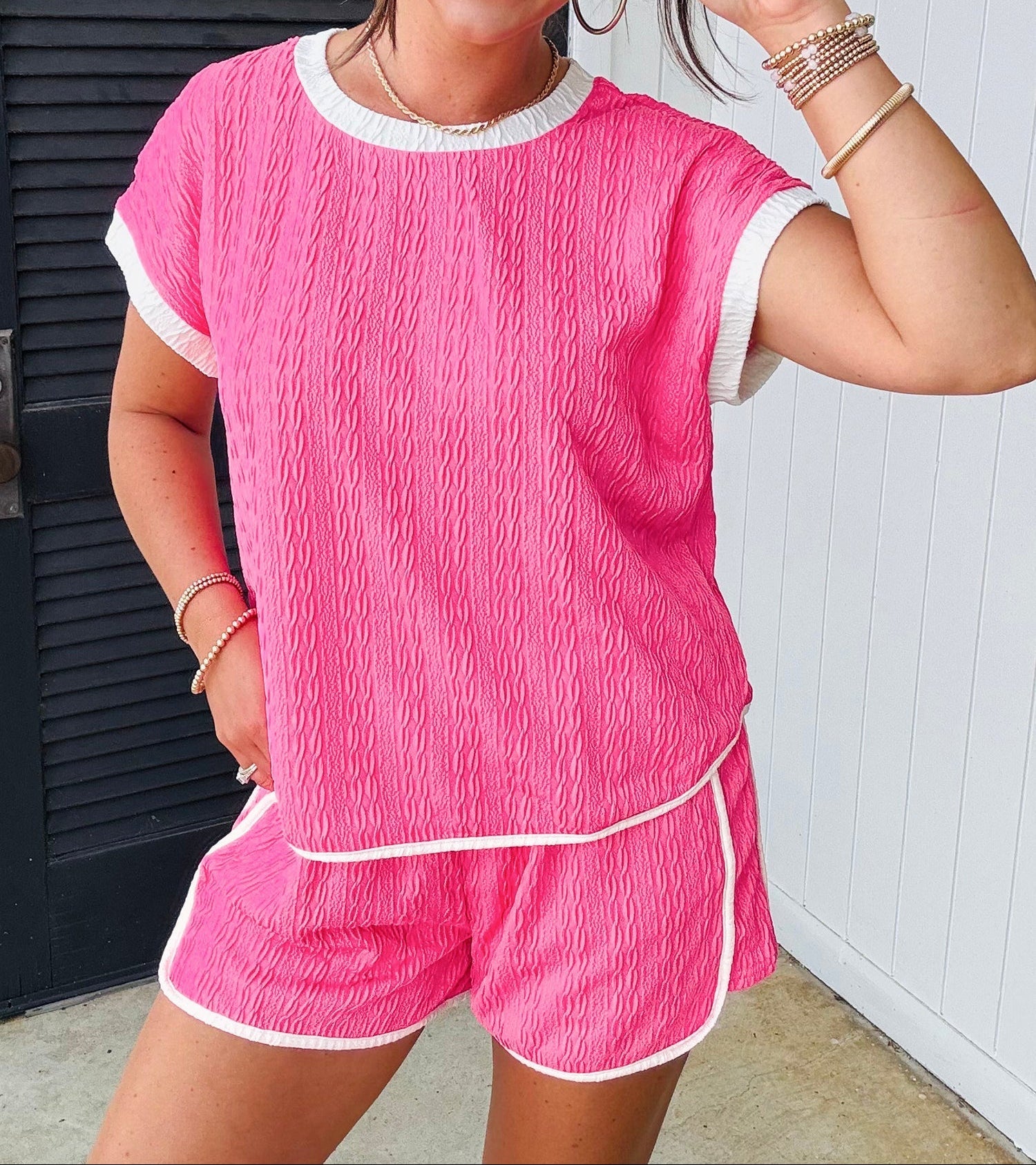 Bright Pink Textured Color Block Trim Loose Tee Drawstring Shorts 2pcs Set