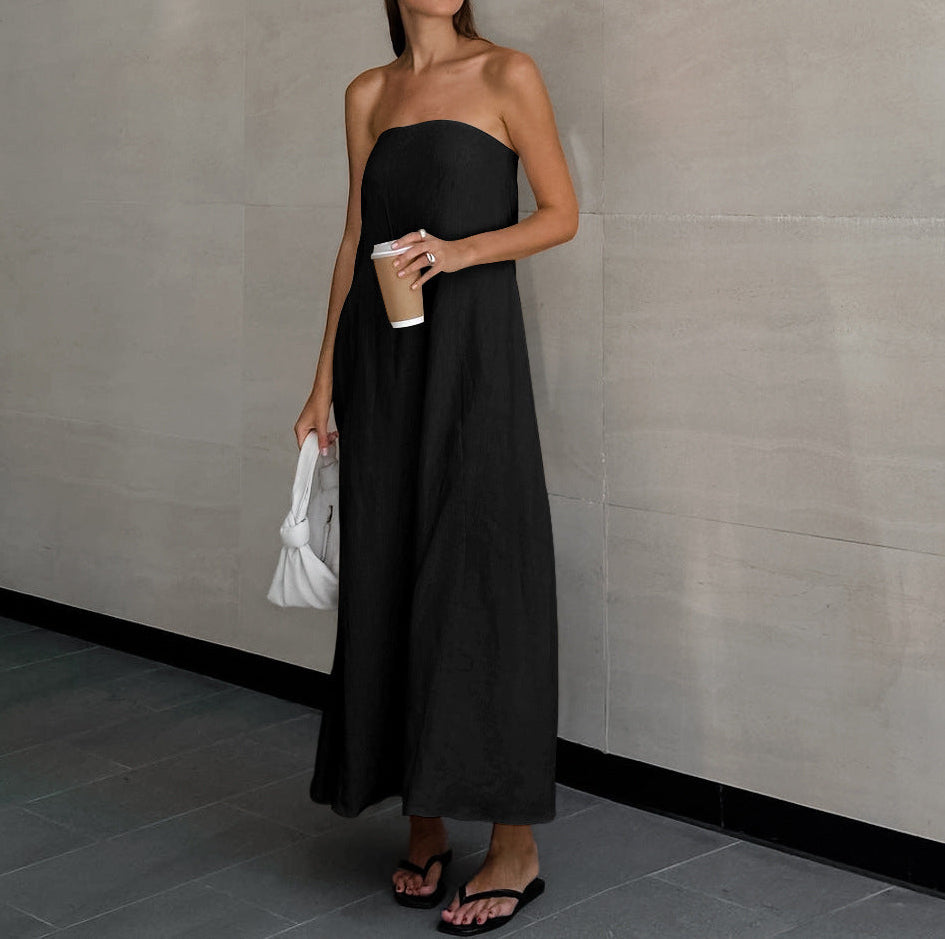 French Khaki Strapless Backless Maxi Dress | Cotton Linen Resort Dress