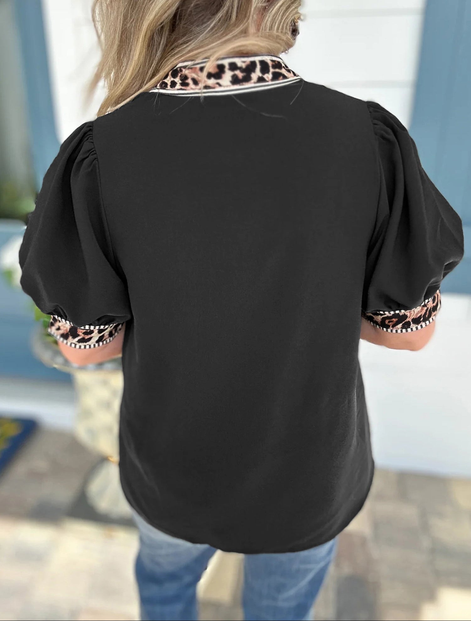 Black V Neck Short Puff Sleeve Contrast Striped Leopard Trim Button Down Shirt