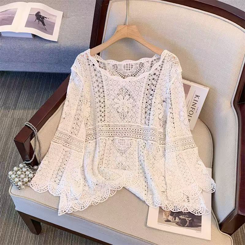 Boho Crochet Hollow Knit Pullover Top | Bell Sleeve Cotton Cover-Up