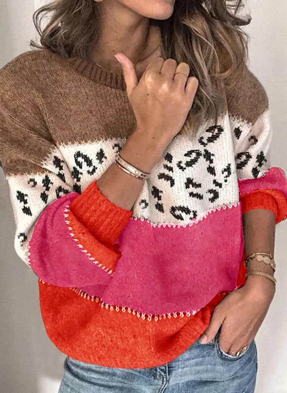 Leopard Patchwork Asymmetrical Pullover Knit Sweater | Plus-Size Friendly Boutique Top