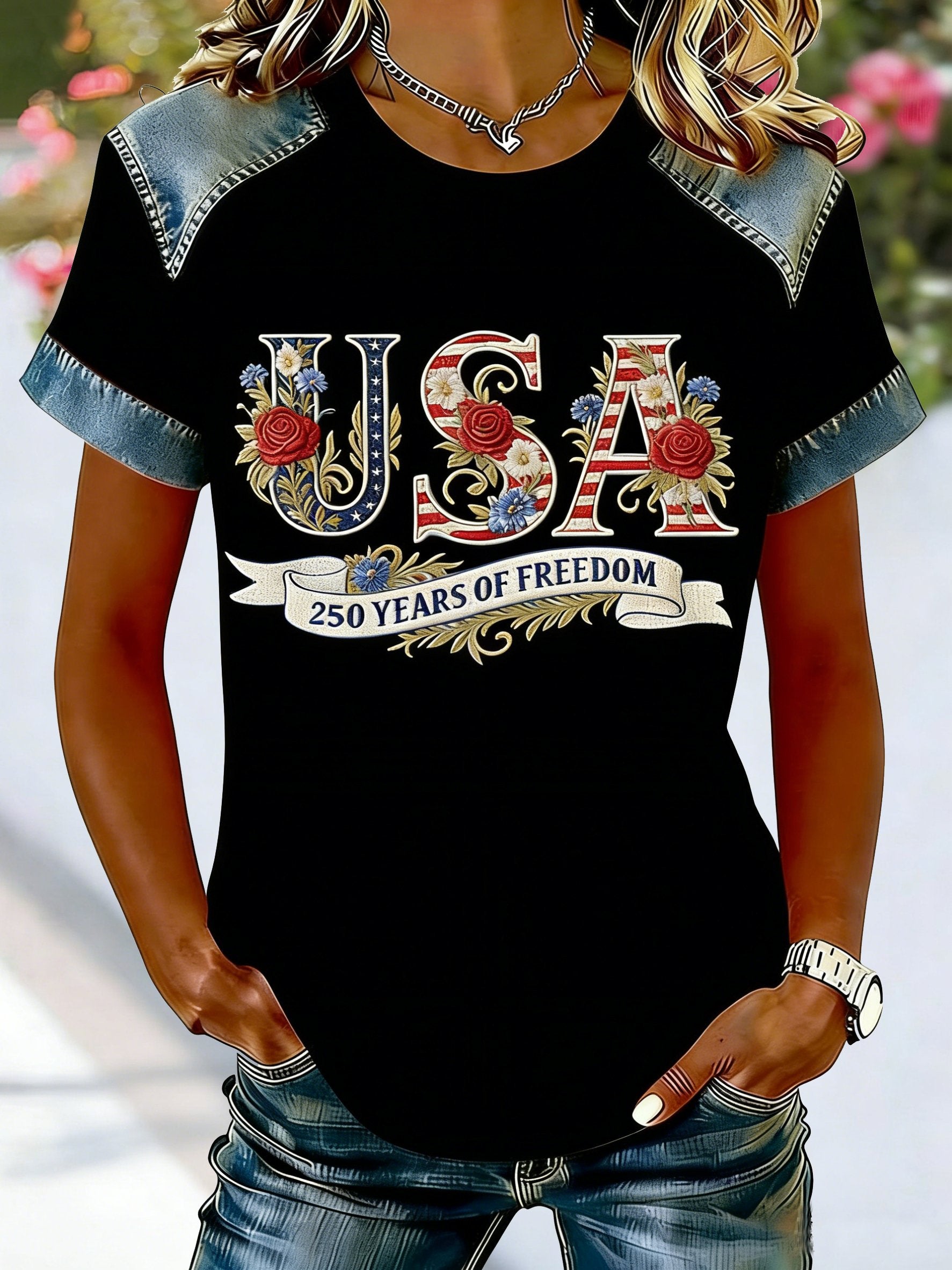 Waffle Color Block Crew Neck Short Sleeve Amercia Flag Roes Denim Look/Denim Effect Casual T-Shirt