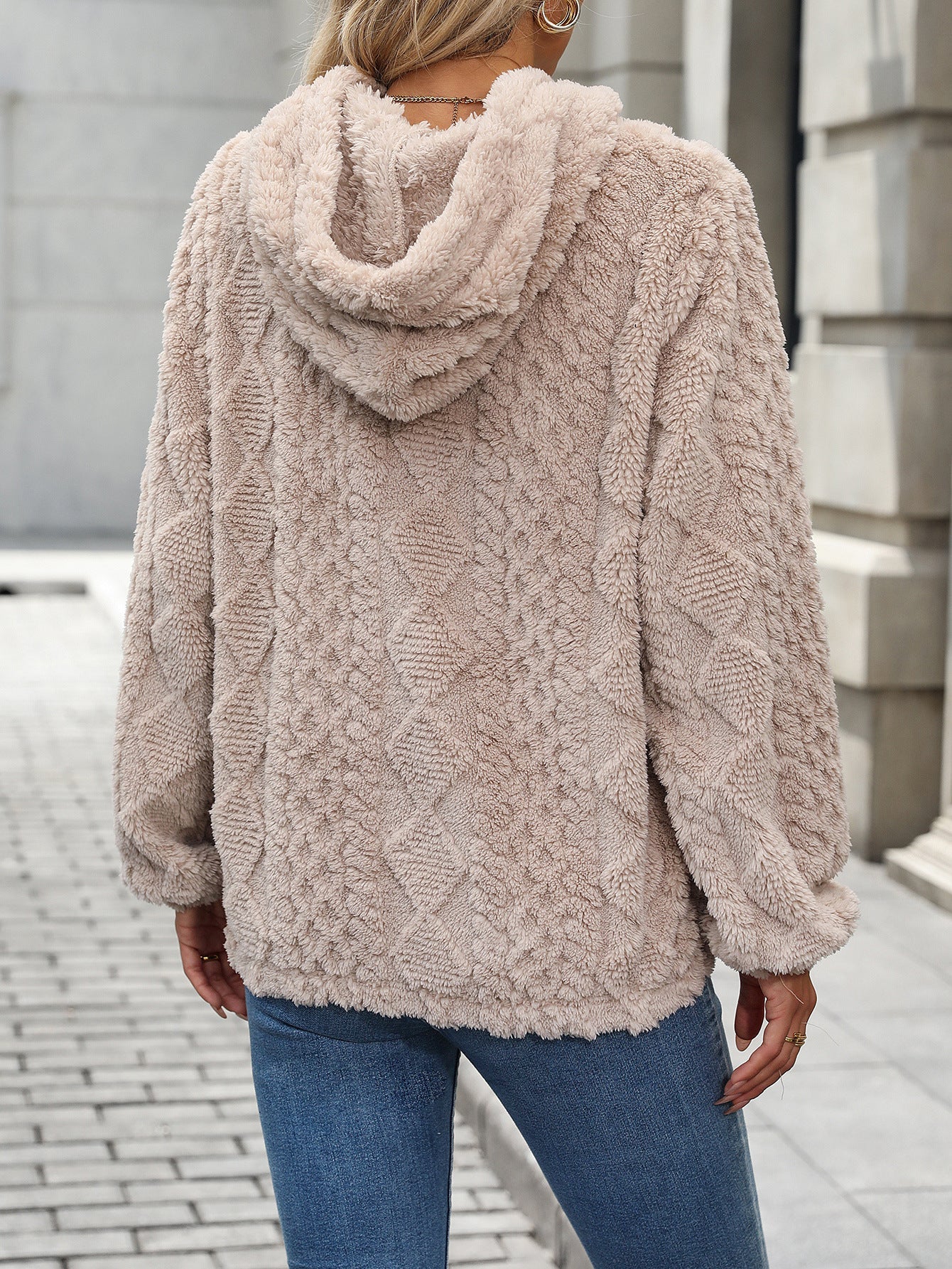 Plush Jacquard Hooded Pullover Sweatshirt | Cozy Loose Fit Casual Hoodie