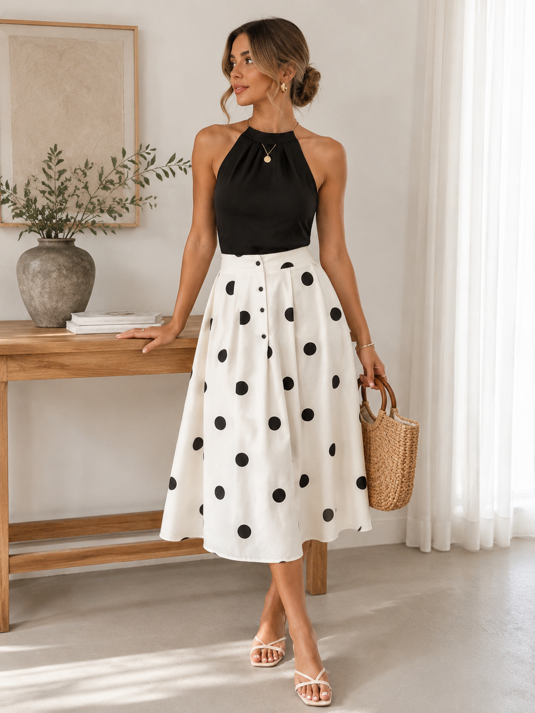 White Polka Dot Elastic Waist A-Line Skirt | Retro Elegant Boutique Skirt