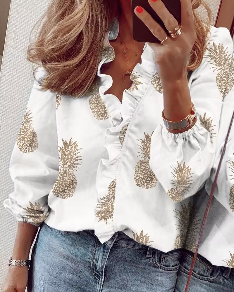 Printed Ruffle Long Sleeve Blouse | Elegant Lantern Sleeve Spring Top