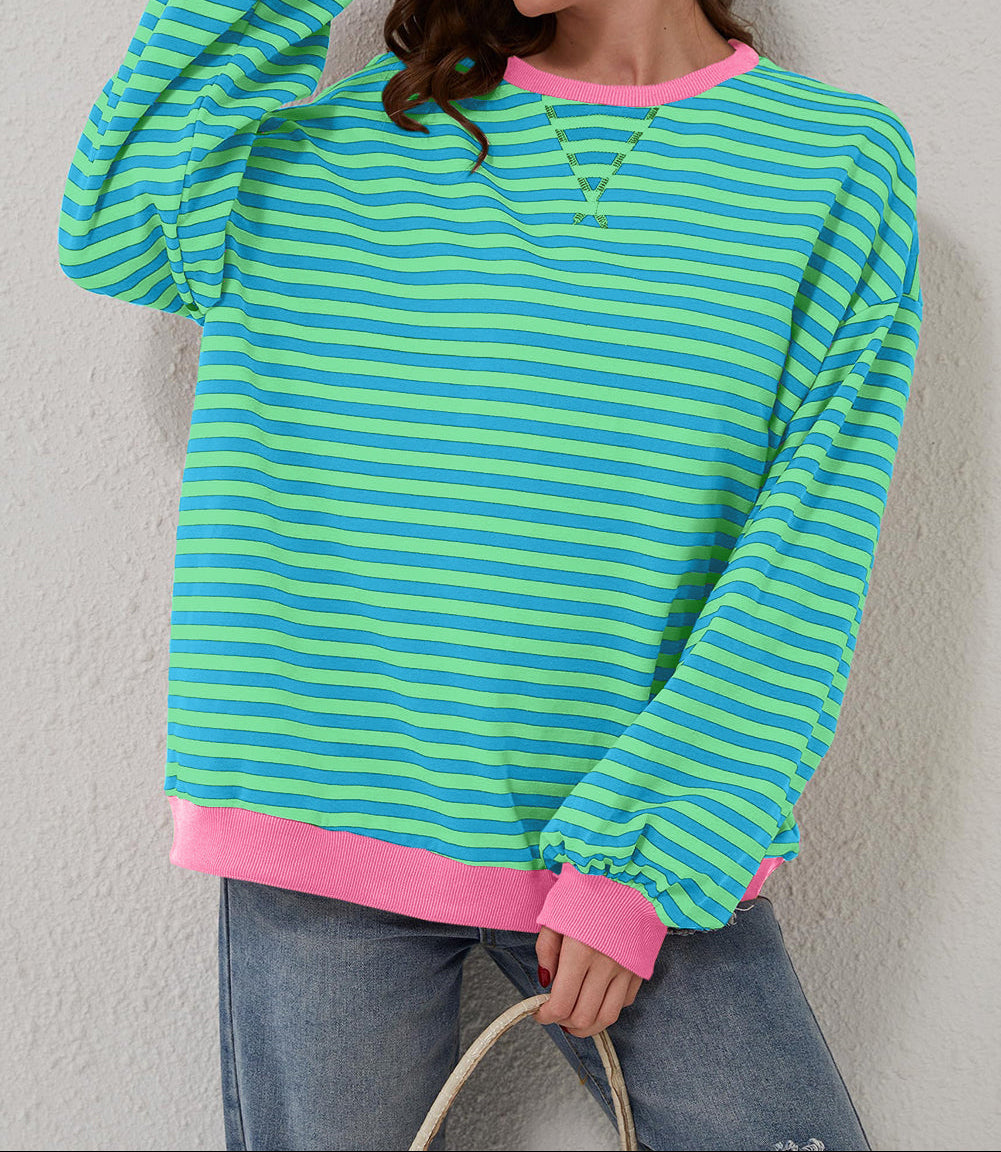 Sky Blue Stripe Oversized Contrast Trim Pullover Sweatshirt