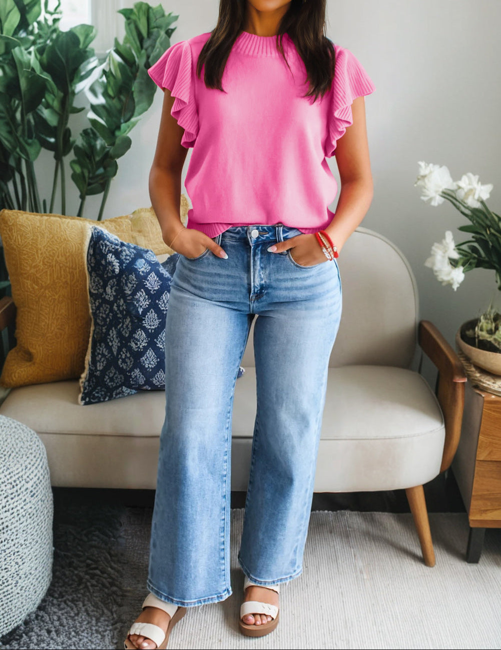 Sachet Pink Solid Color Ribbed Trim Round Neck Ruffle Short Sleeve Sweater
