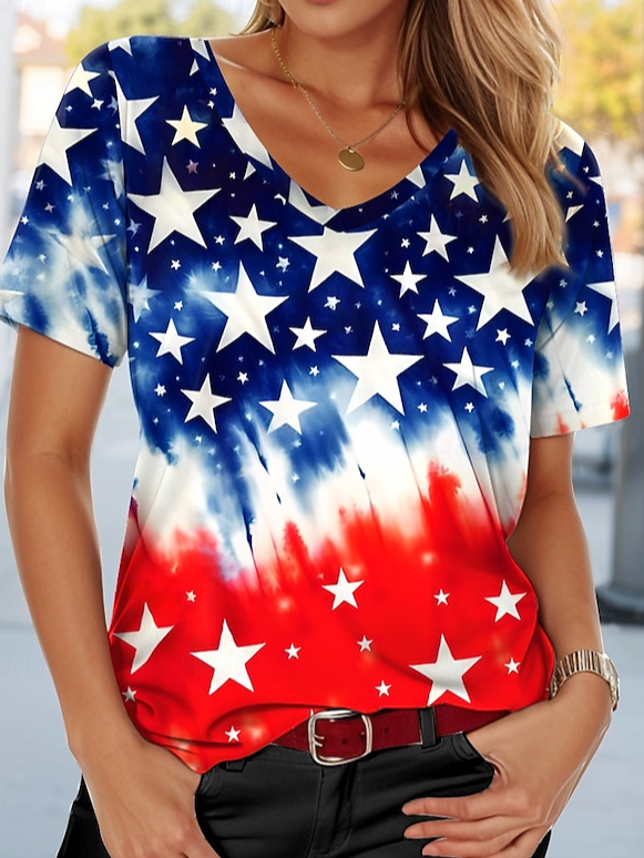 Women's American Flag Printed Casual Cotton V-Neck T-Shirt