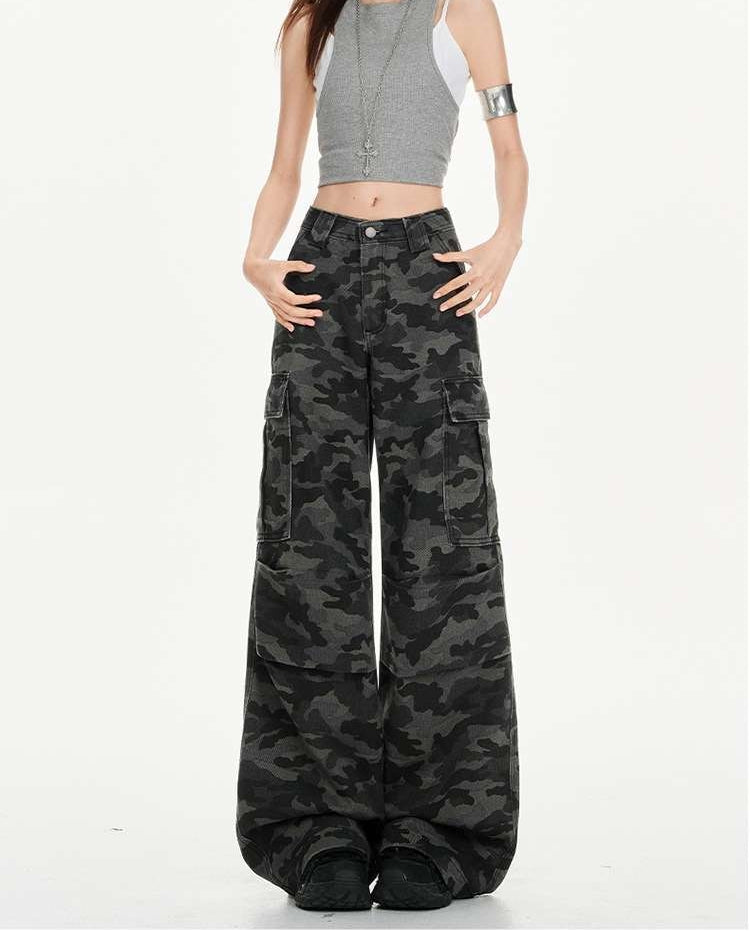 Camouflage Cargo Wide-Leg Denim Pants | Multi-Pocket Utility Trousers