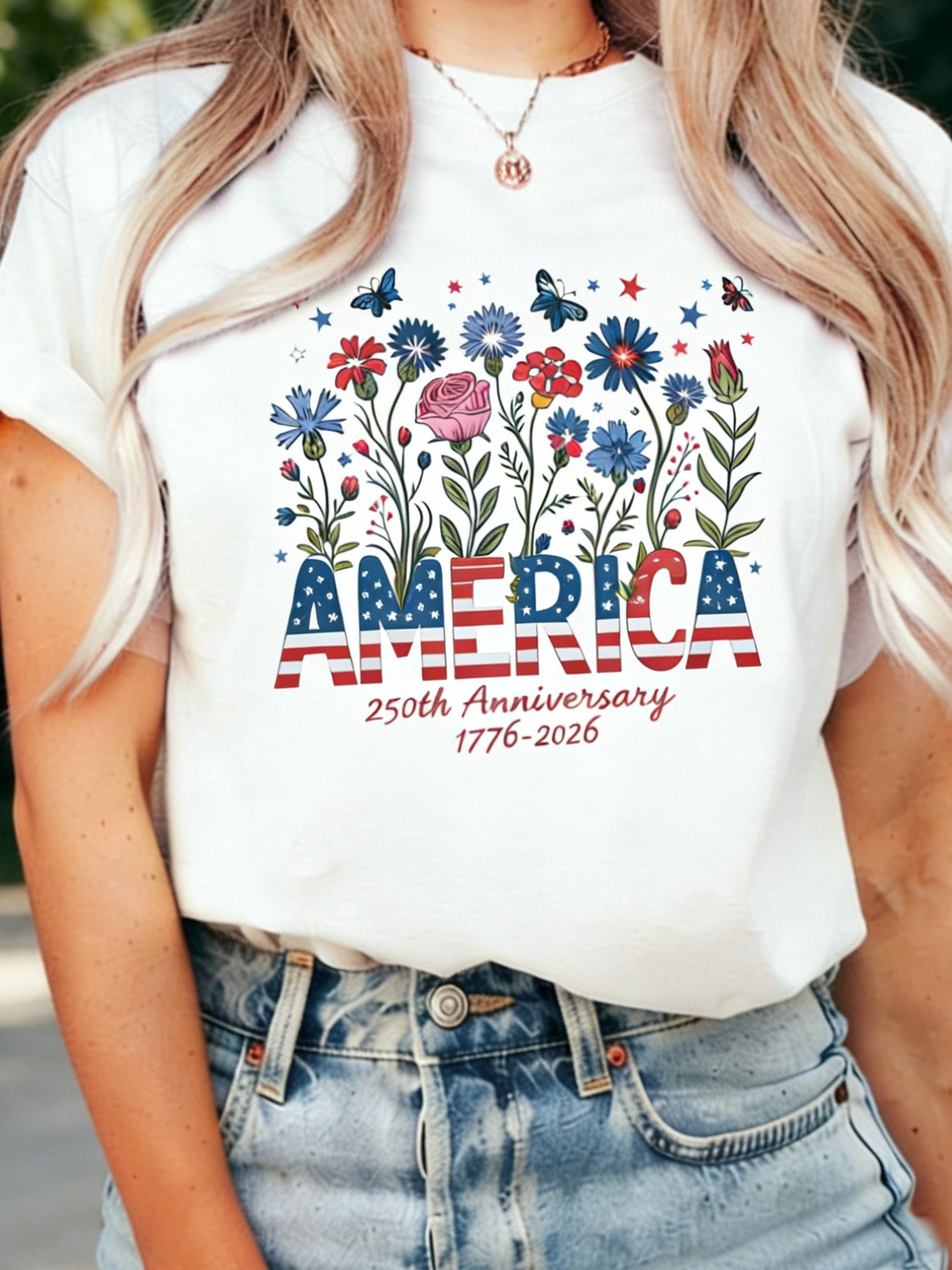 250th anniversary Independence Day  Vintage Floral Printed  Casual T-Shirt