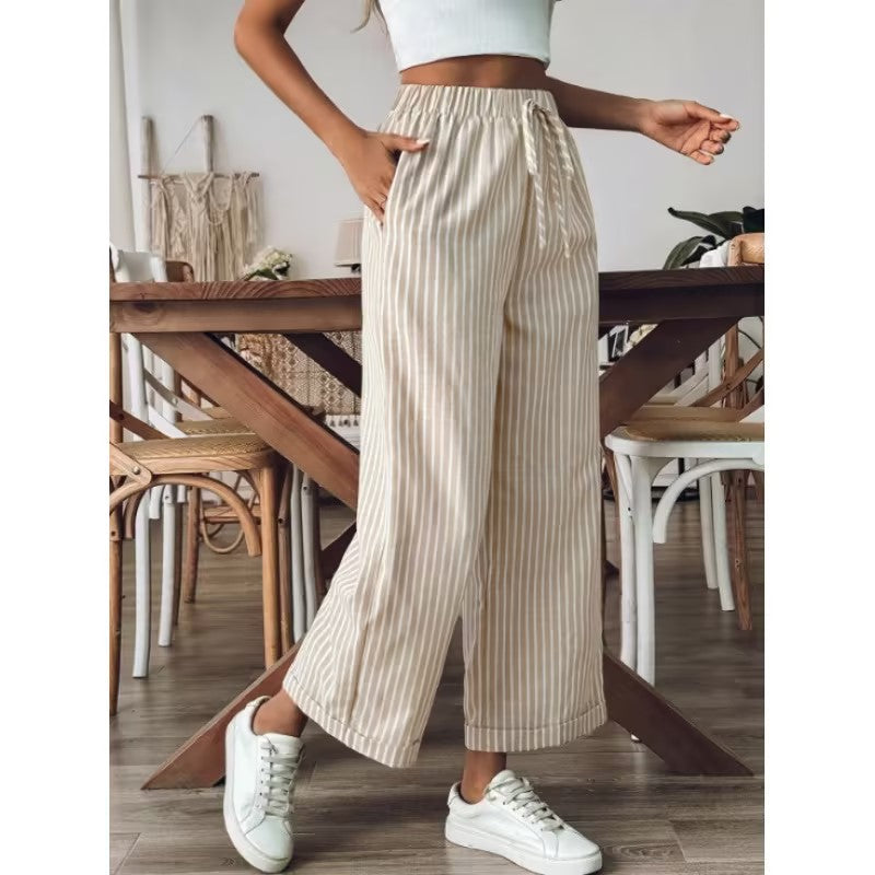 Striped Wide Leg Cropped Pants | Casual Elastic Waist Trousers