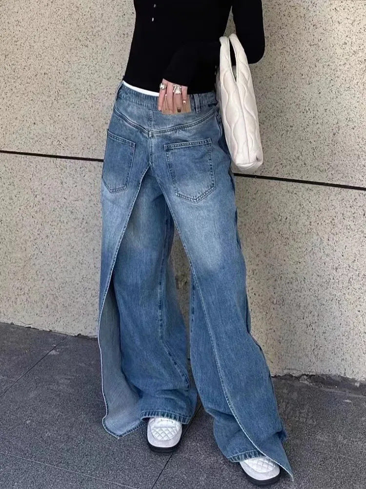 Reversible Wide-Leg Denim Pants | Patchwork Straight-Leg Punk Jeans