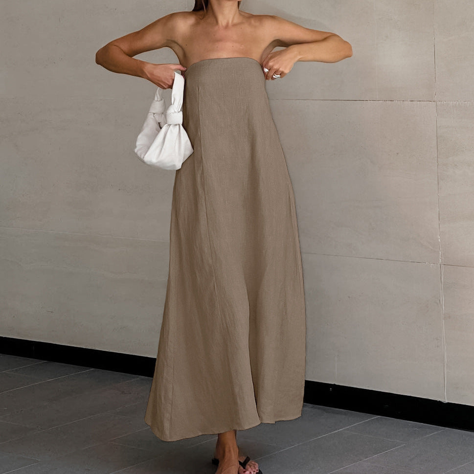 French Khaki Strapless Backless Maxi Dress | Cotton Linen Resort Dress