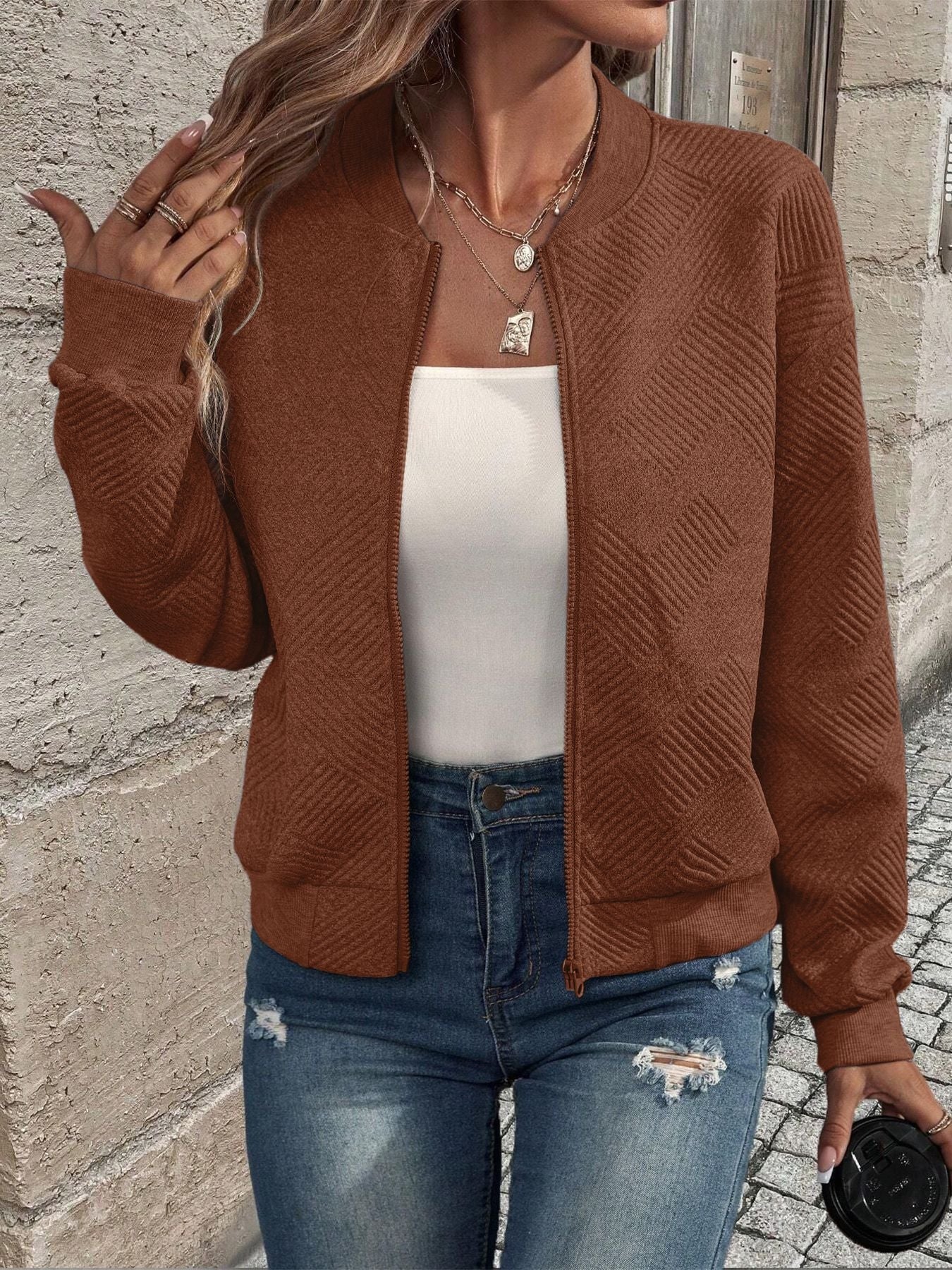 Plaid Zip-Up Round Neck Knit Jacket | Casual Long Sleeve Layering Outerwear