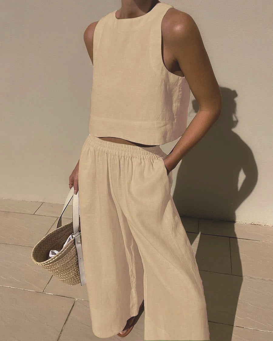 Organic Cotton Sleeveless Two-Piece Set | Casual Relaxed Pants Outfit