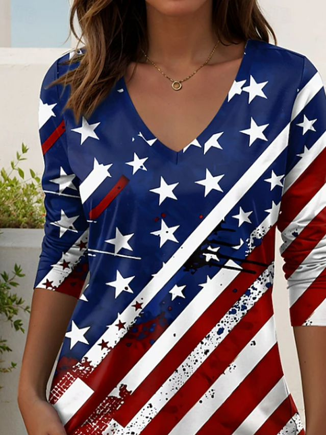 Women's USA 250th Anniversary Long Sleeve T-shirt Spring/Fall As Picture America Flag Printing V Neck Holiday Going Out Casual Top