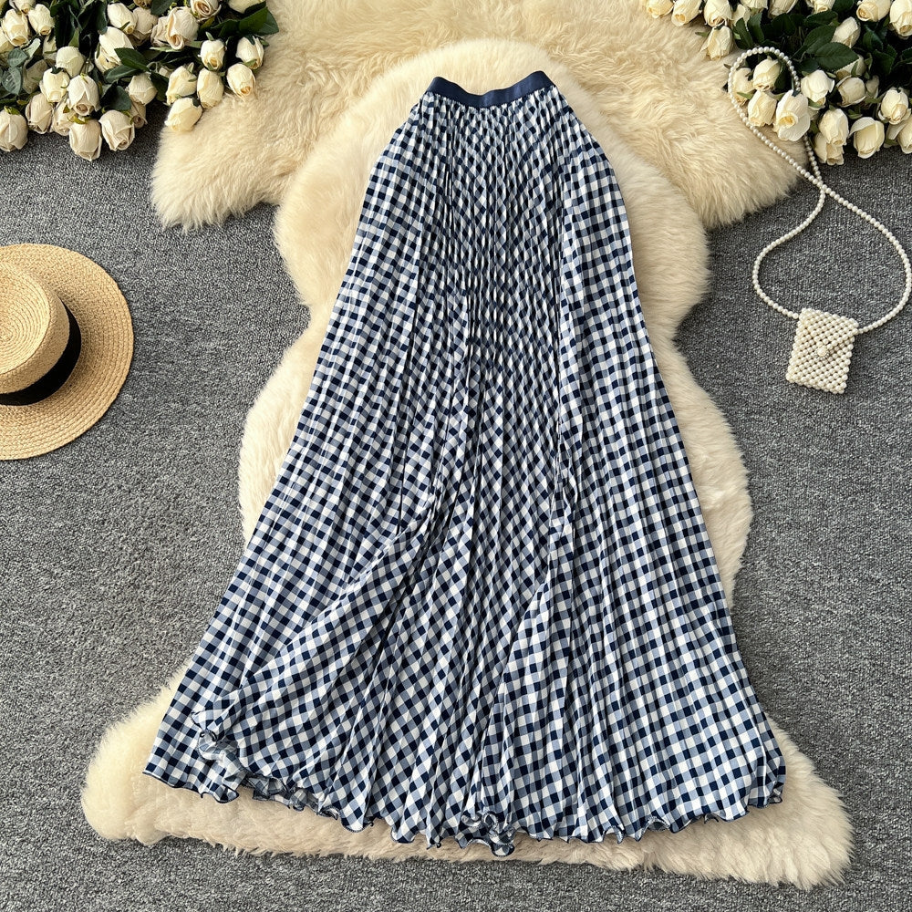 Plaid Floral Wavy Pleated Maxi Skirt | High-Waist Cotton-Blend Skirt