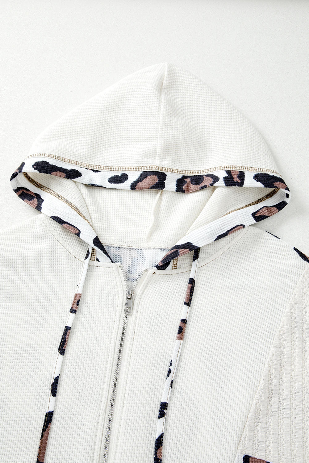 Apricot Oversized Leopard Contrast Mixed Texture Patchwork Zip Up Drop Shoulder Hoodie
