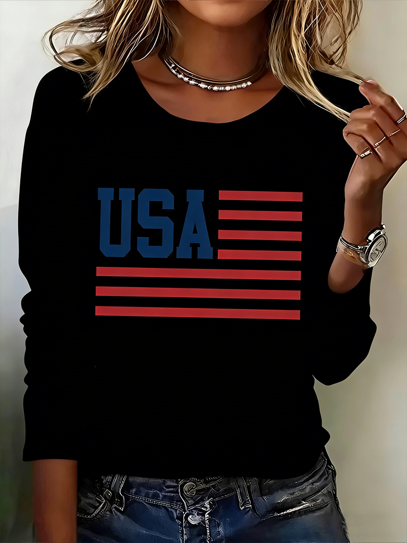 Women's Long Sleeve T-shirt Spring/Fall White America Flag Printing Jersey Crew Neck Daily Going Out Casual Top