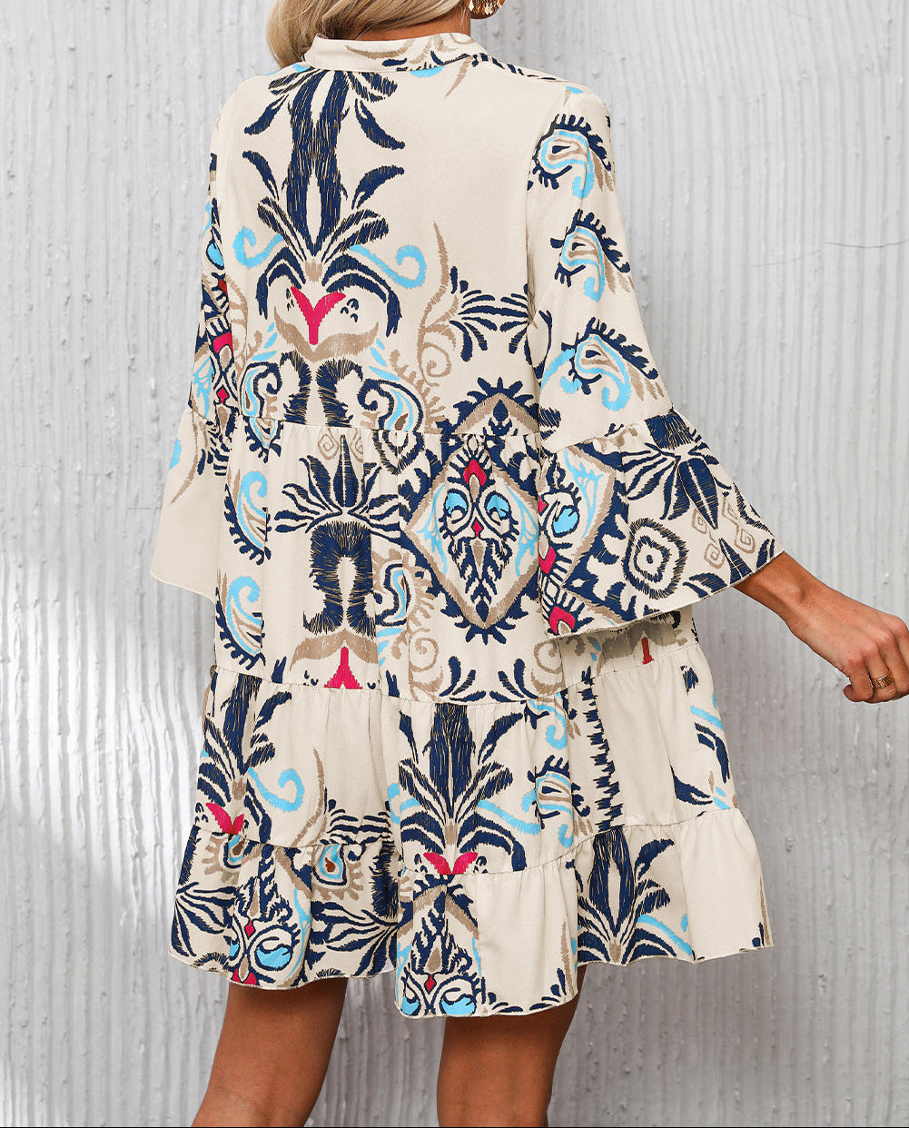 White Printed Tribal Bracelet Sleeve Buttoned Mini Dress
